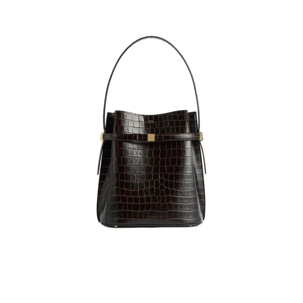 Toteme Belted croco-embossed bucket bag in Dark brown