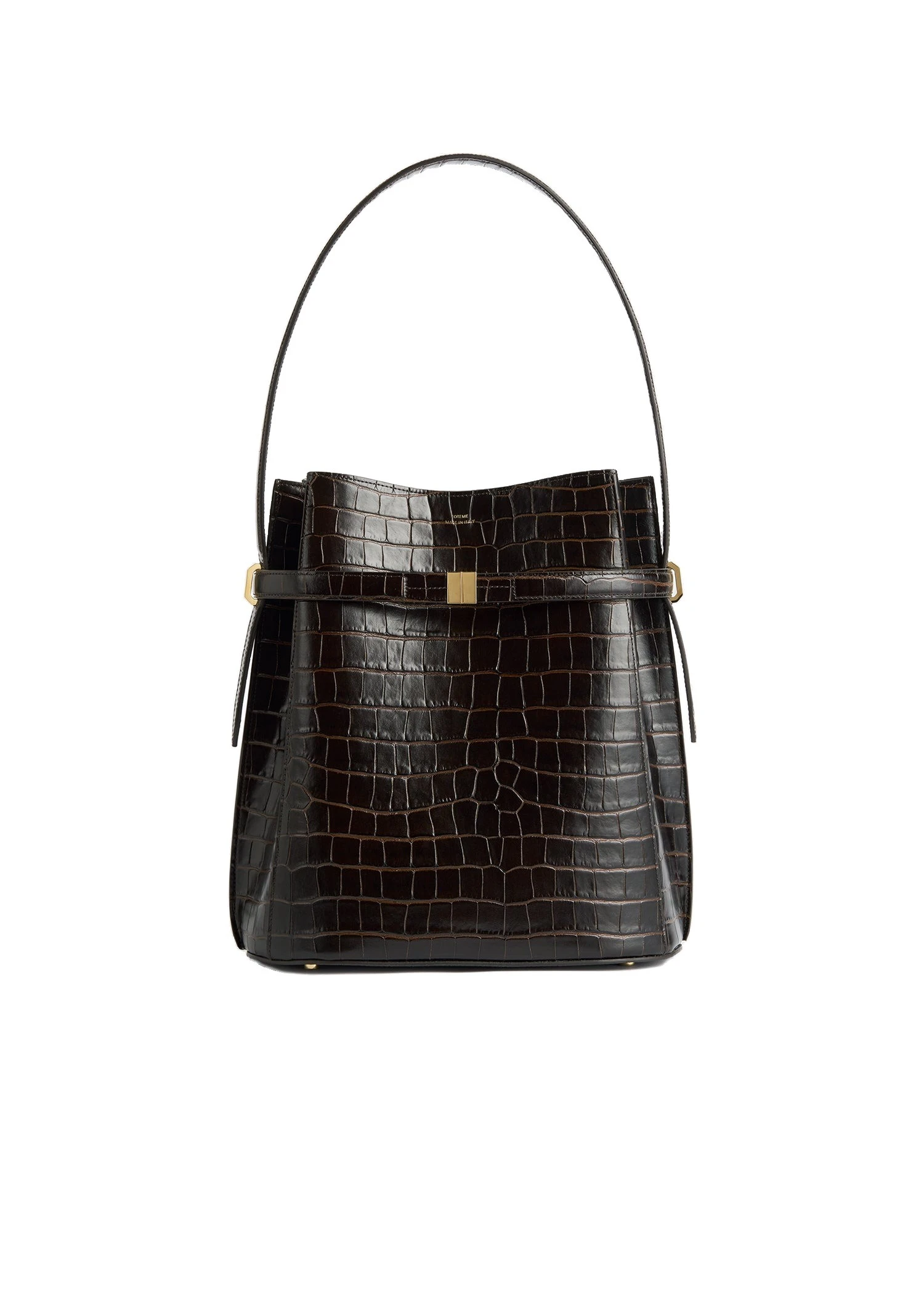 Belted croco-embossed bucket bag in Dark brown