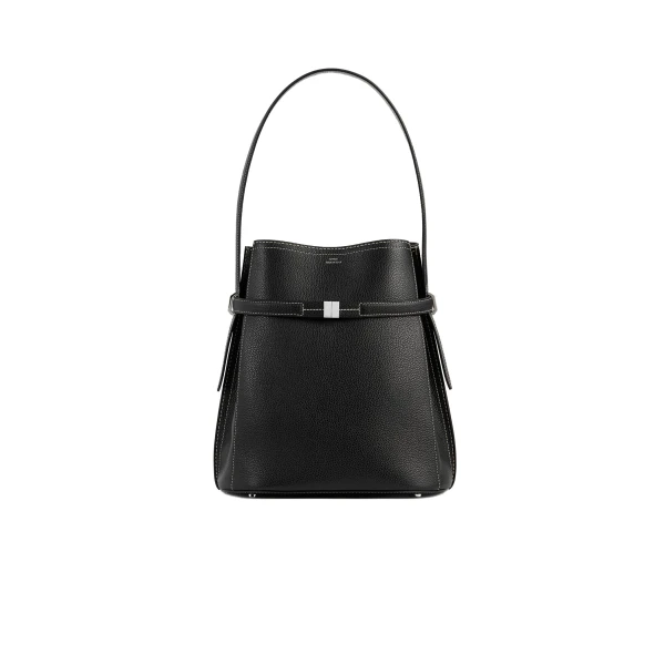 Belted grained-leather bucket bag in Black