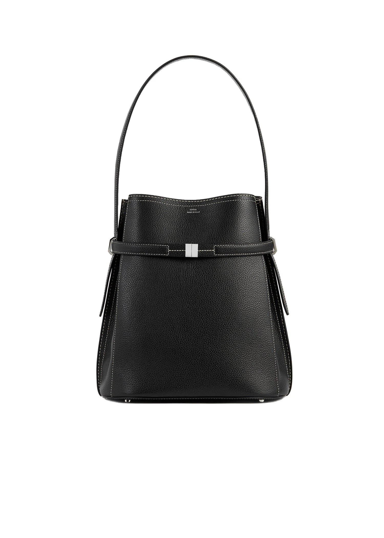 Belted grained-leather bucket bag in Black