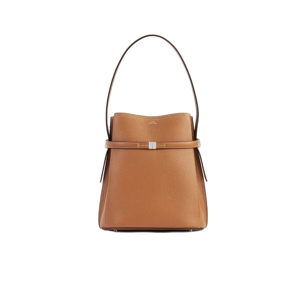 Belted grained-leather bucket bag in Tan