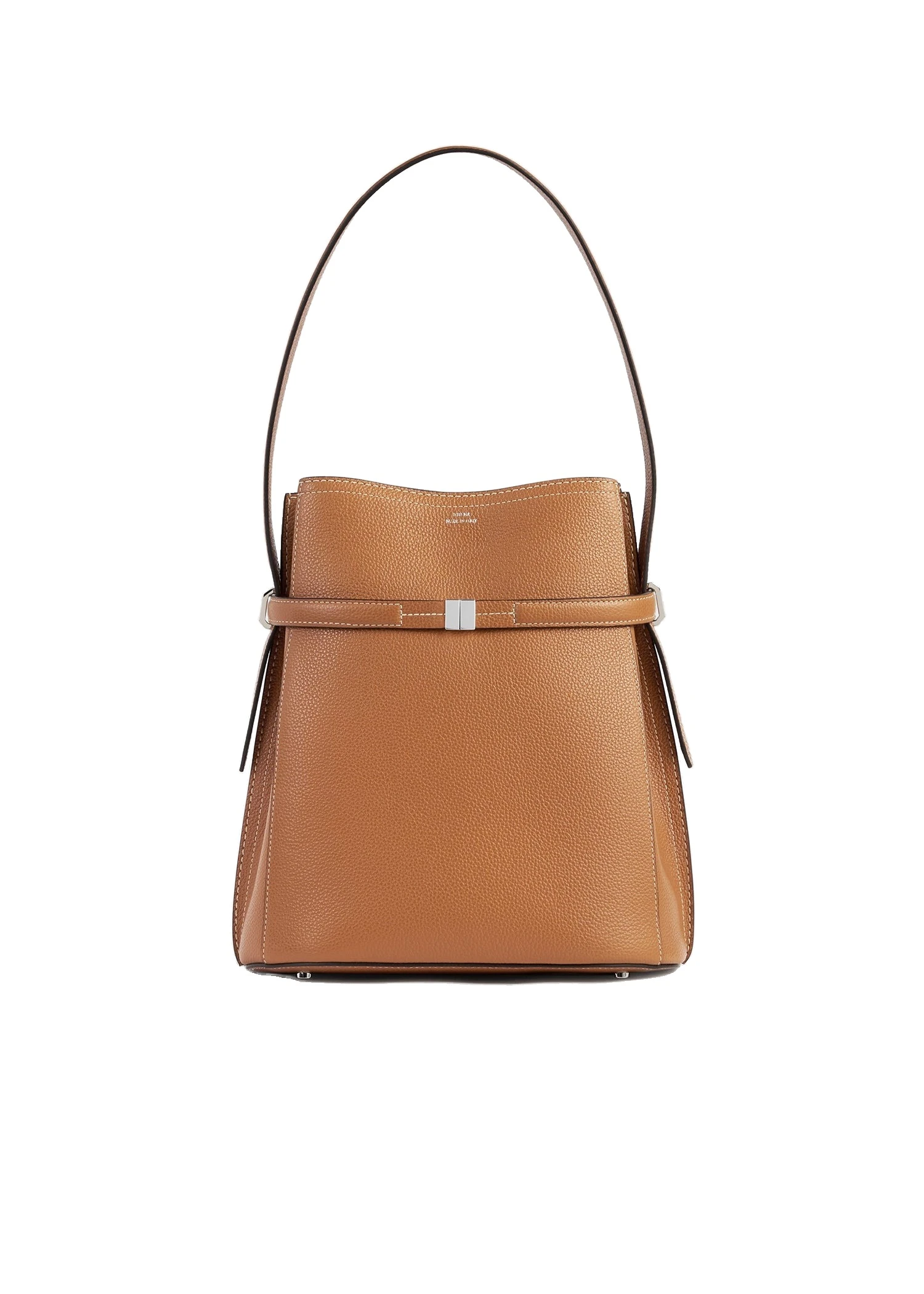 Belted grained-leather bucket bag in Tan