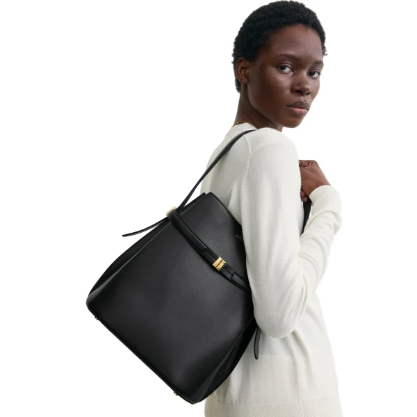 Belted leather bucket bag in Black - Image 2