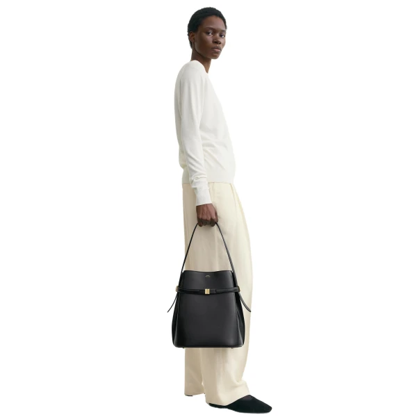 Belted leather bucket bag in Black - Image 3