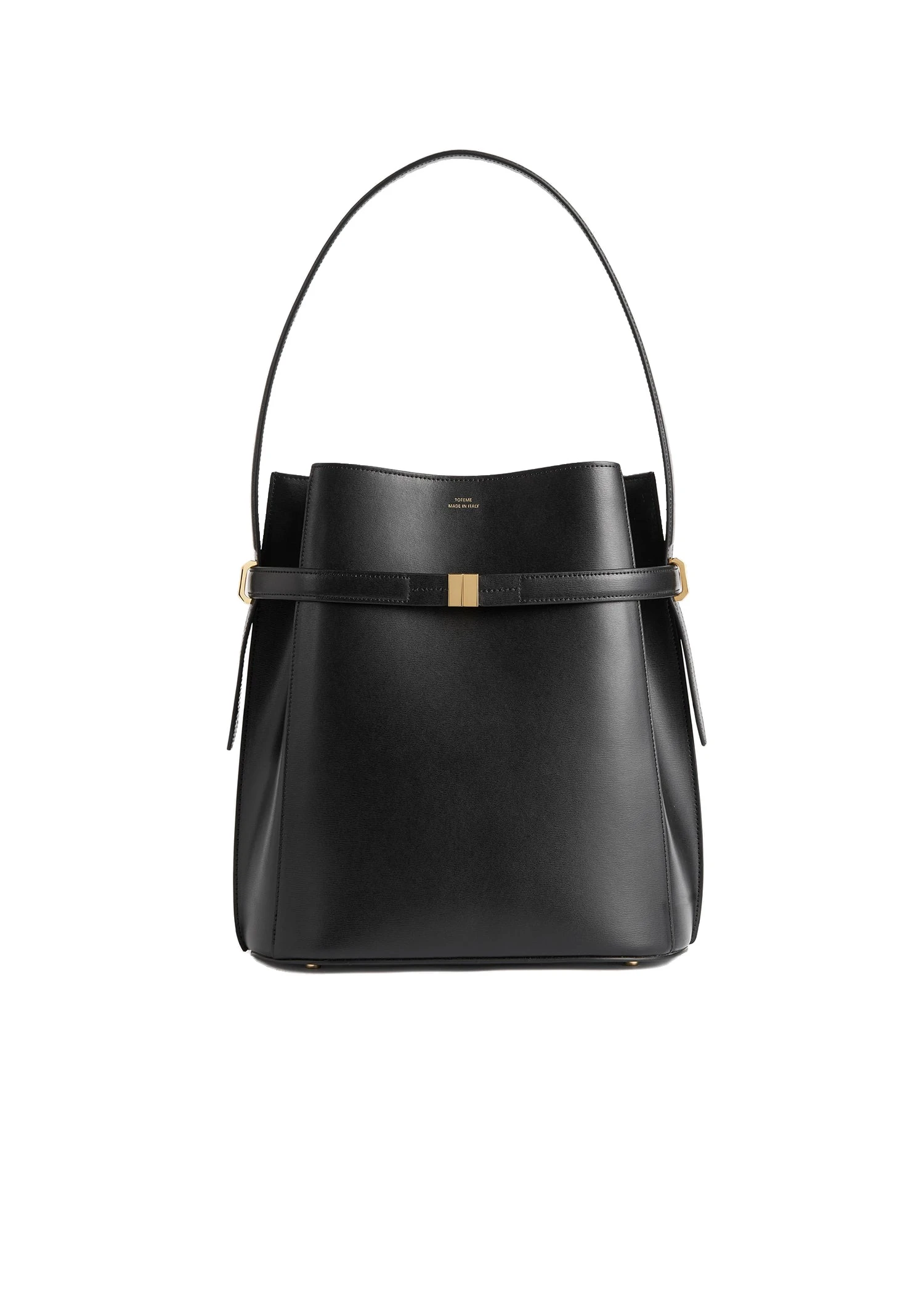 Belted leather bucket bag in Black