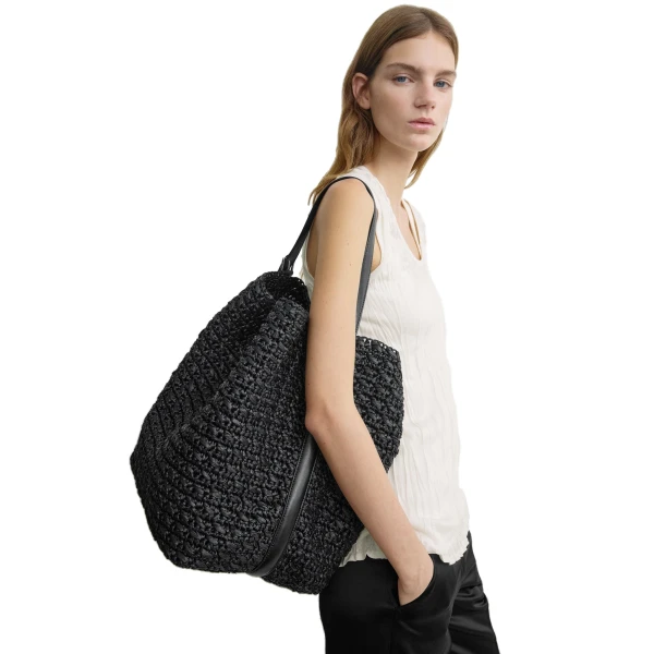 Belted paper raffia tote in Black - Image 2