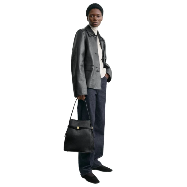 Belted pony hair bucket bag in Black - Image 3