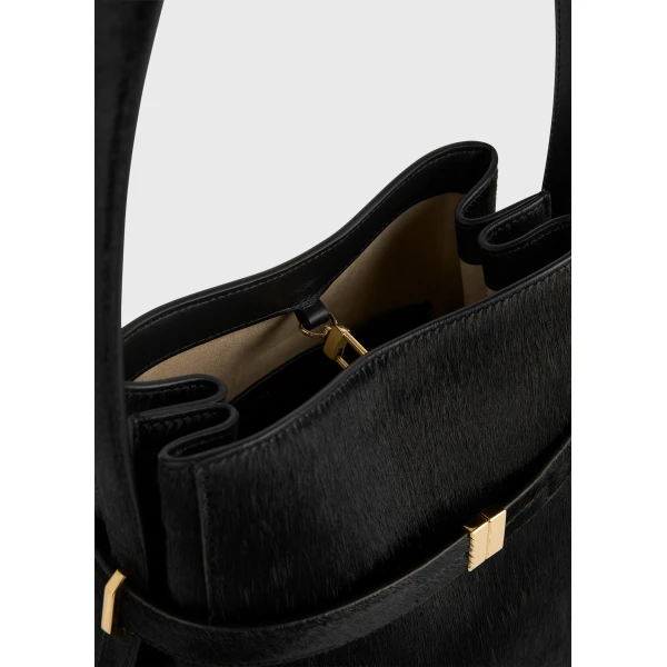 Belted pony hair bucket bag in Black - Image 4
