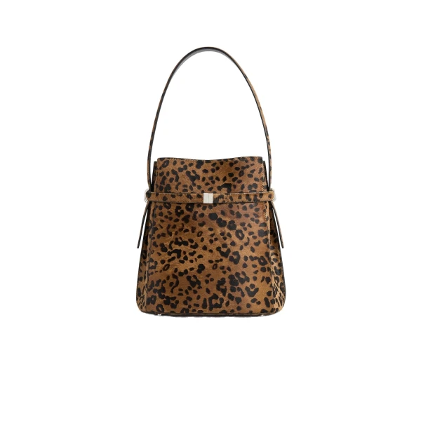 Belted pony hair bucket bag in Leopard