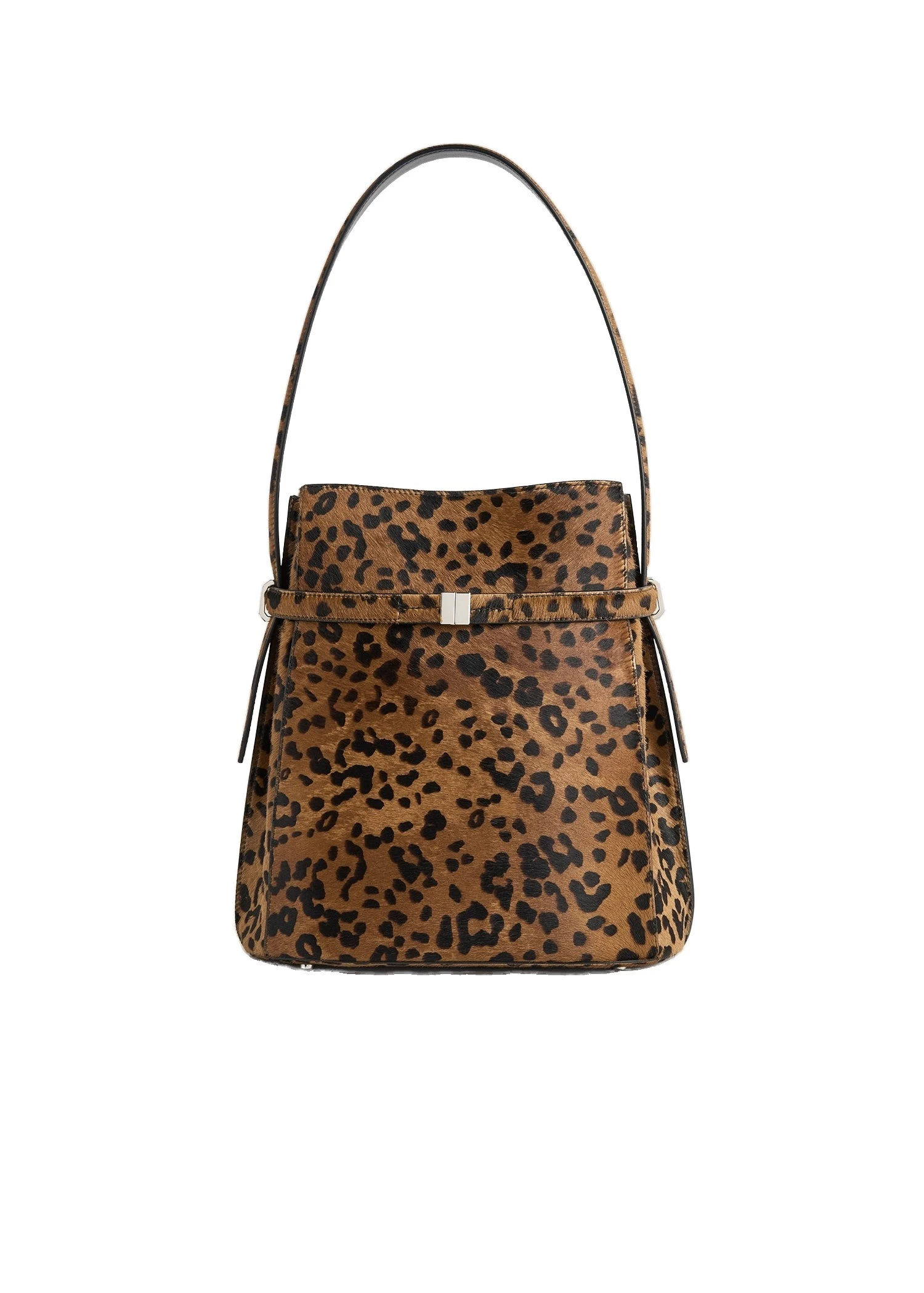 Belted pony hair bucket bag in Leopard