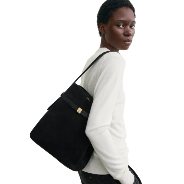 Belted suede bucket bag in Black - Image 2
