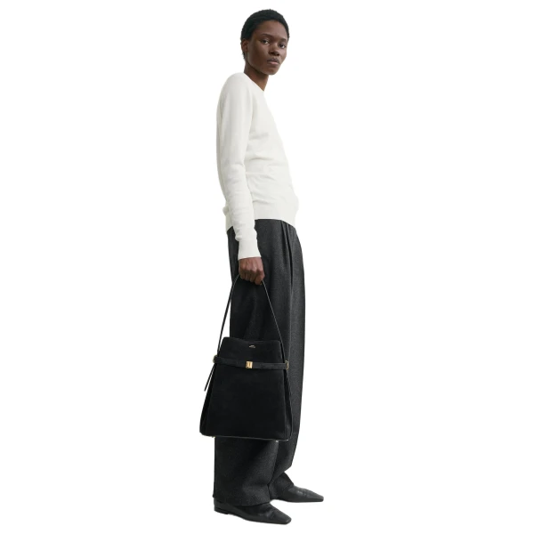 Belted suede bucket bag in Black - Image 3