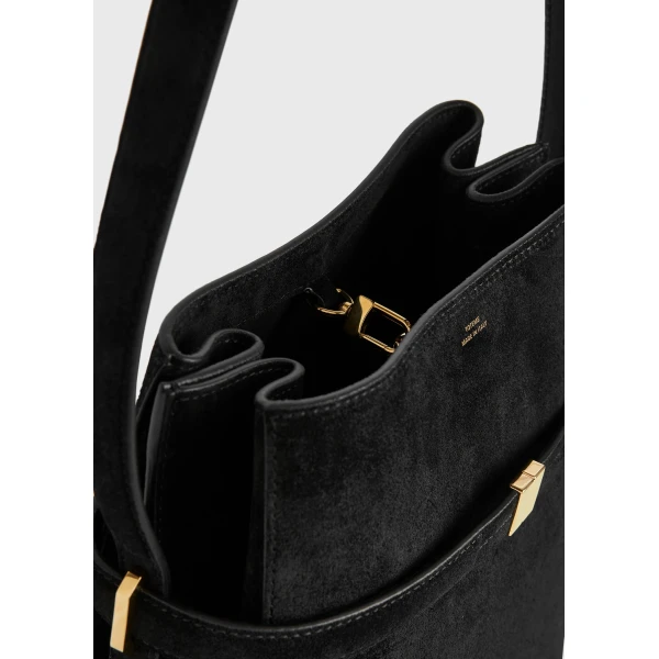 Belted suede bucket bag in Black - Image 5