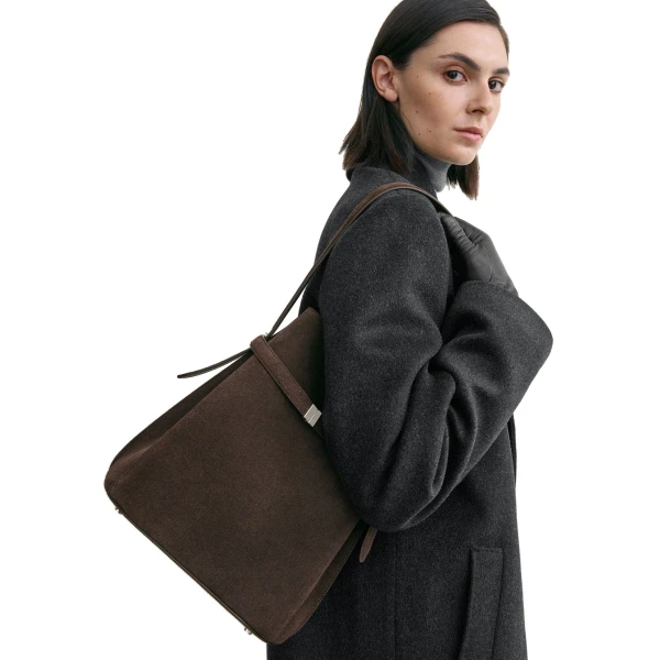 Belted suede bucket bag in Brown - Image 2