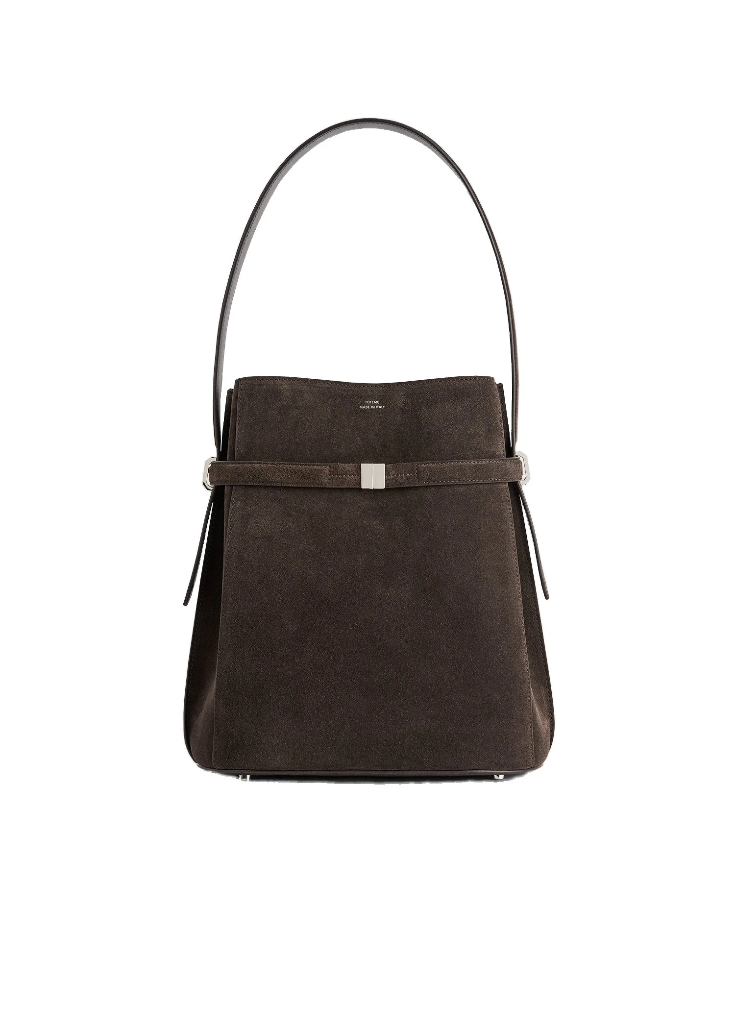 Belted suede bucket bag in Brown