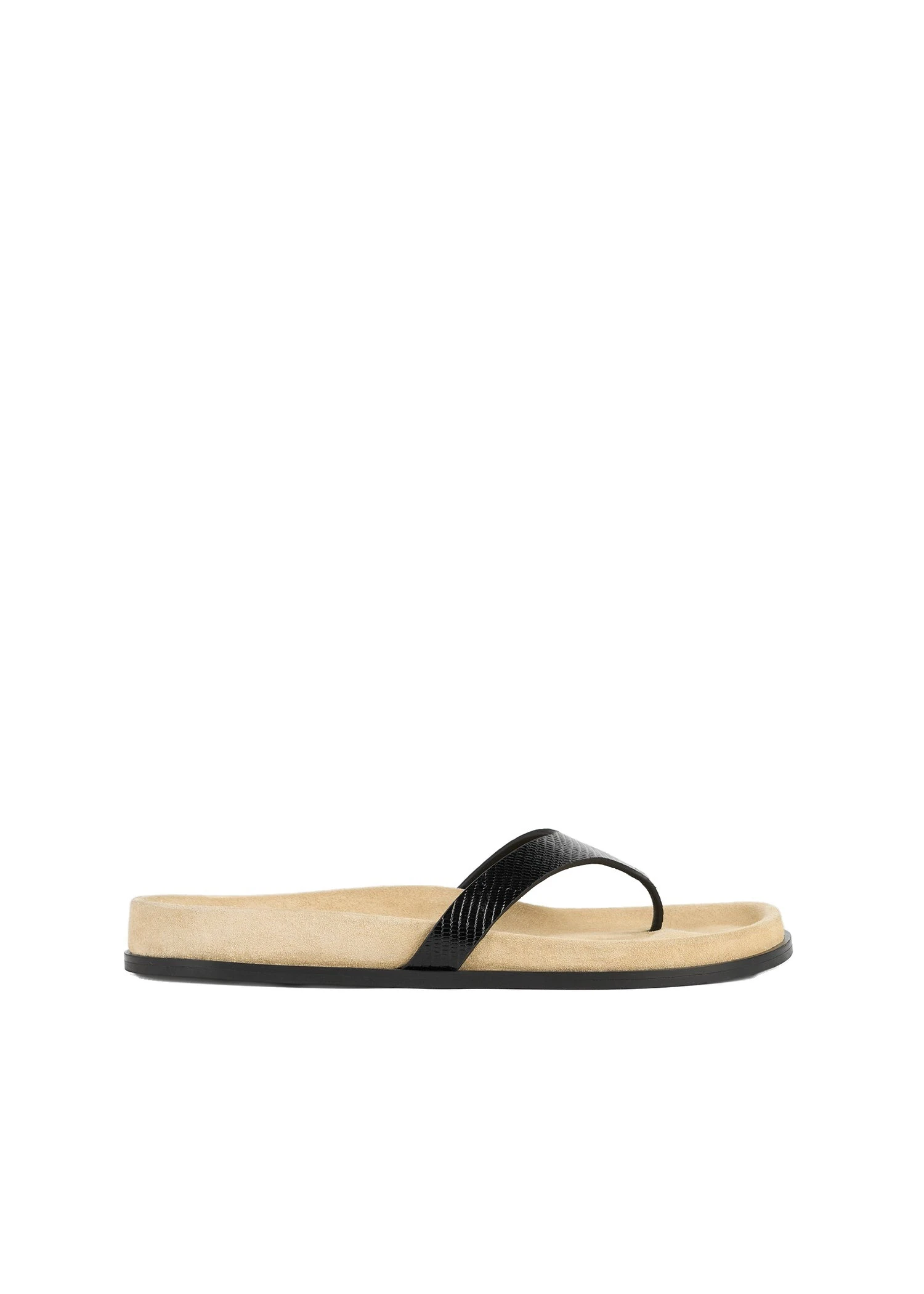 Contoured lizard-embossed flip flops in Beige / Black