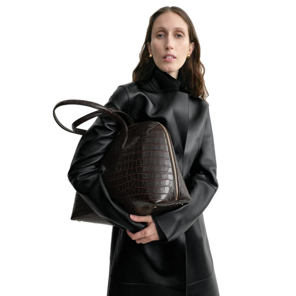 Croco-embossed day tote in Dark chocolate - Image 2