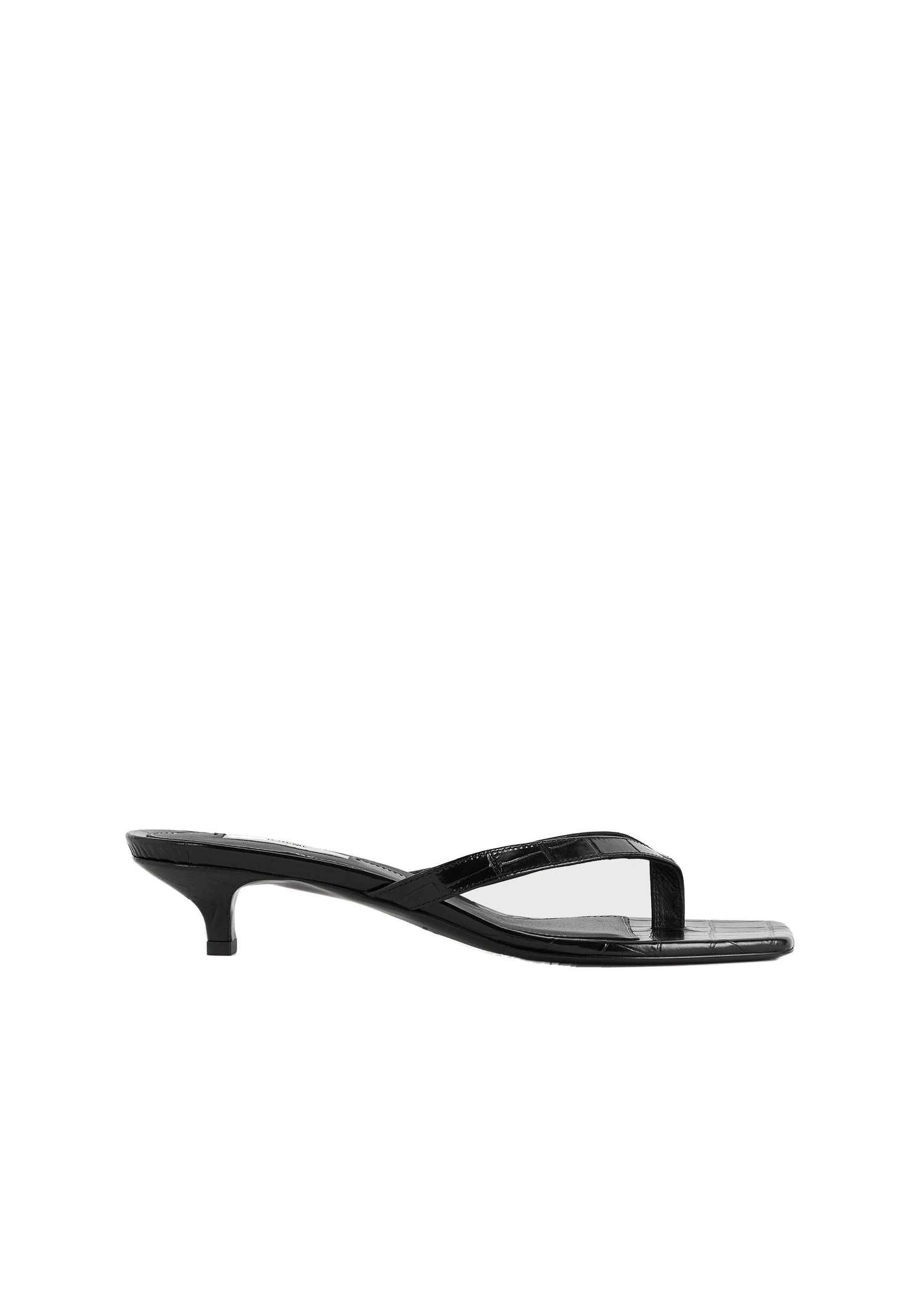 Croco-embossed heeled flip flops in Black