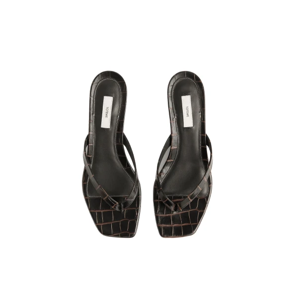 Croco-embossed heeled flip flops in Dark brown - Image 4