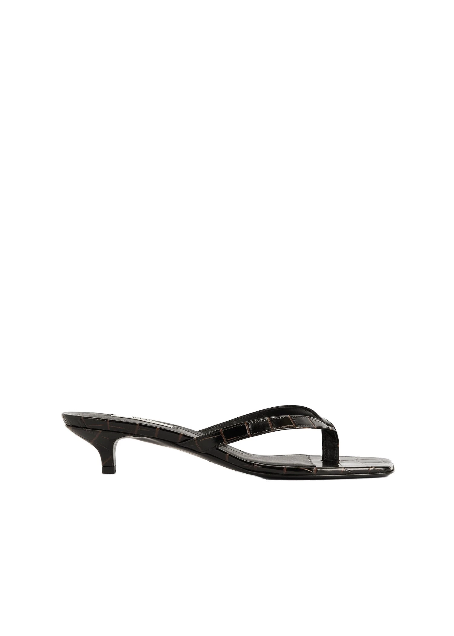 Croco-embossed heeled flip flops in Dark brown