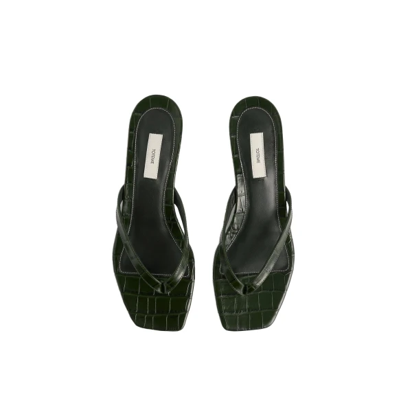 Croco-embossed heeled flip flops in Dark green - Image 4