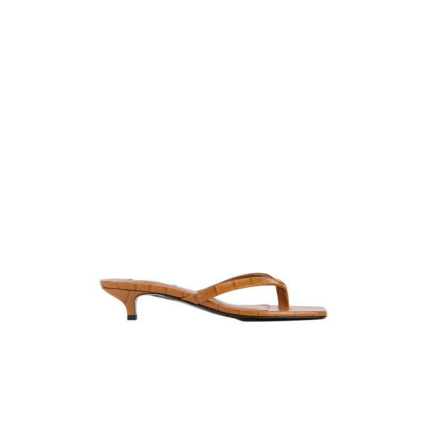 Croco-embossed heeled flip flops in Tangerine