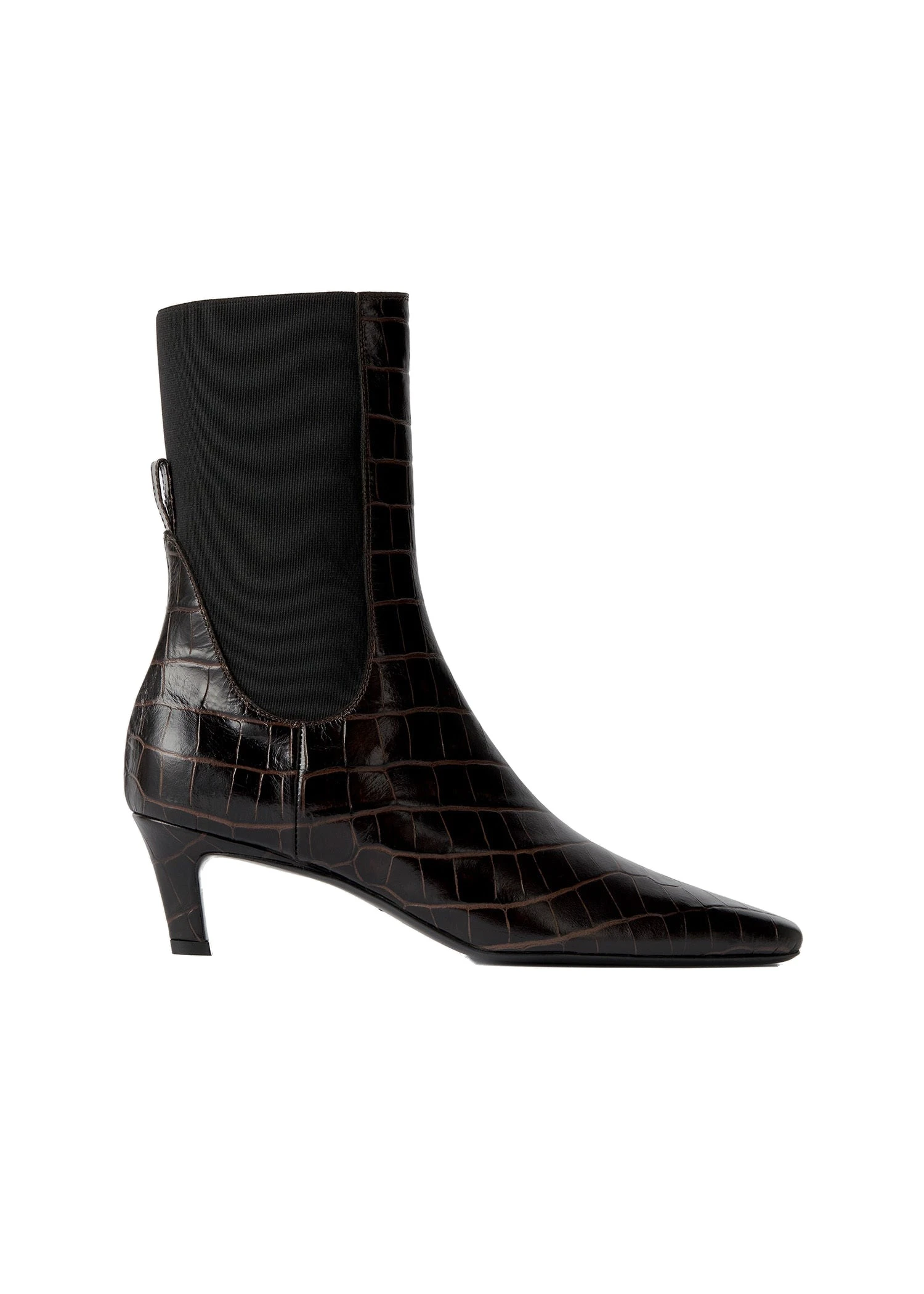 Croco-embossed mid-heel boots in Dark brown