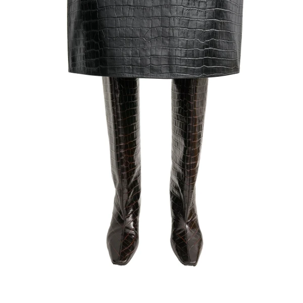 Croco-embossed wide shaft boots in Dark brown - Image 2