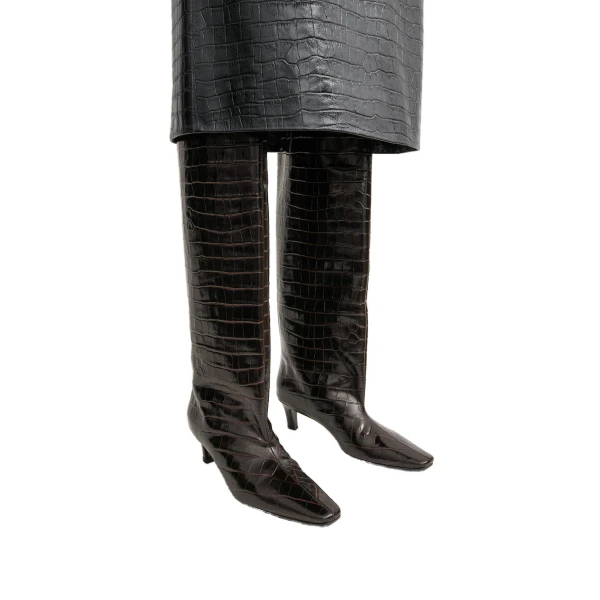 Croco-embossed wide shaft boots in Dark brown - Image 3