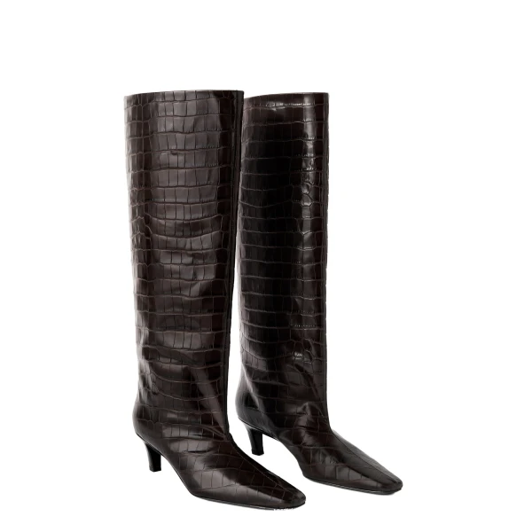 Croco-embossed wide shaft boots in Dark brown - Image 4