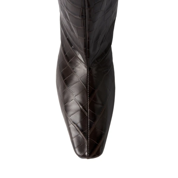 Croco-embossed wide shaft boots in Dark brown - Image 6