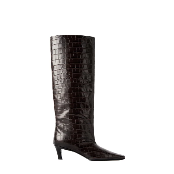 Croco-embossed wide shaft boots in Dark brown