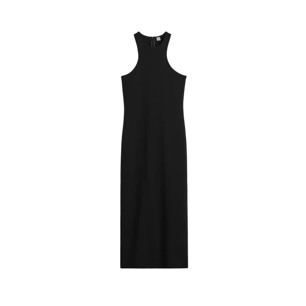 Deep curve stretch wool tank dress in Black