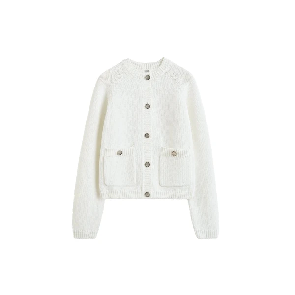 Hammered button cotton cardigan in White