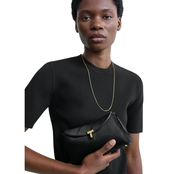 Mini T-Lock pony hair clutch in Black - Image 2