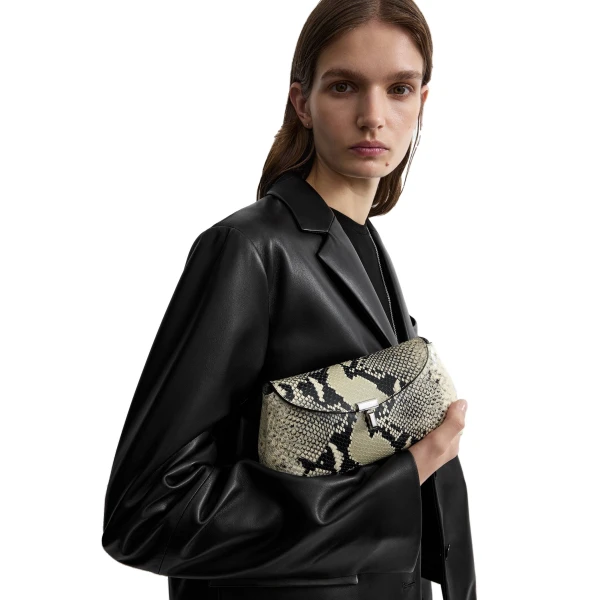 Mini T-Lock python-embossed clutch in Black / Ecru - Image 2