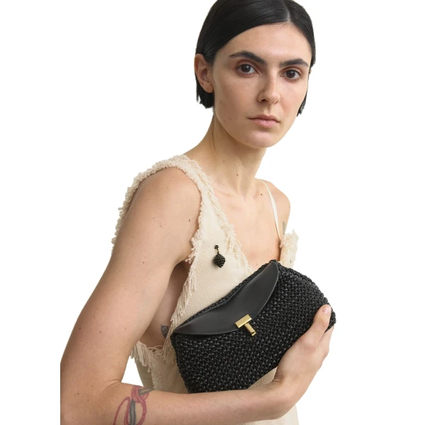 Mini T-Lock woven-leather clutch in Black - Image 2