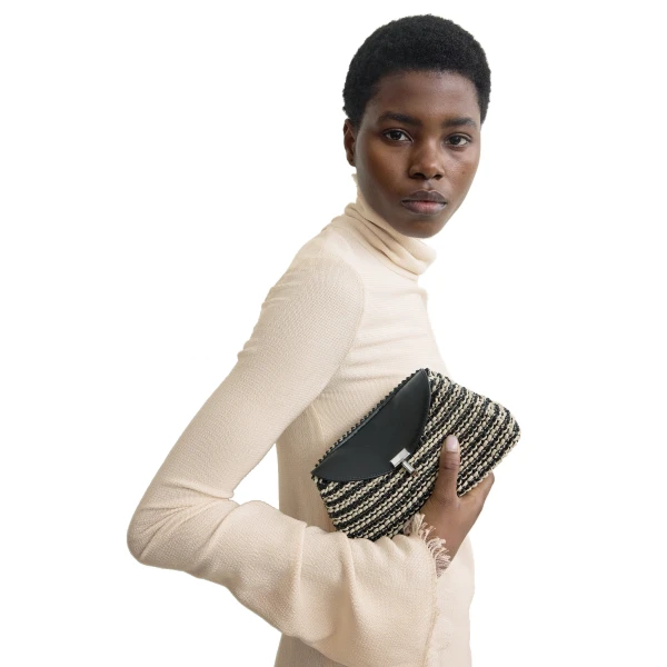 Mini T-Lock woven-leather clutch in Black / Sand - Image 2