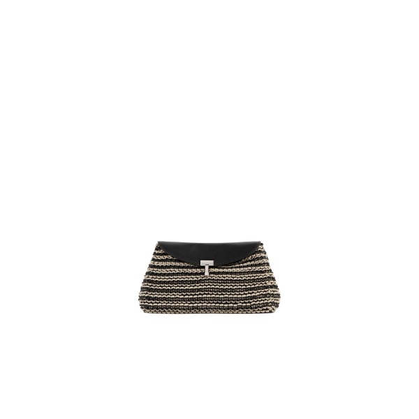 Toteme Mini T-Lock woven-leather clutch in Black / Sand