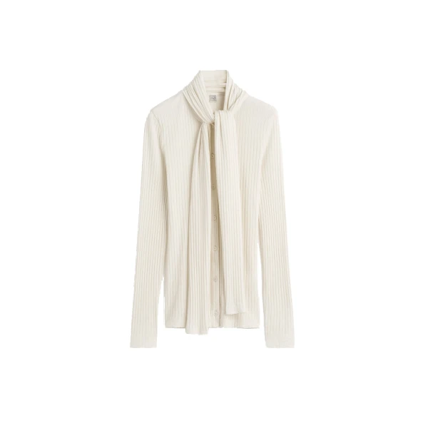 Ribbed bow blouse in Ecru
