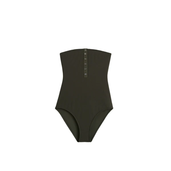 Ribbed strapless swimsuit in Dark green