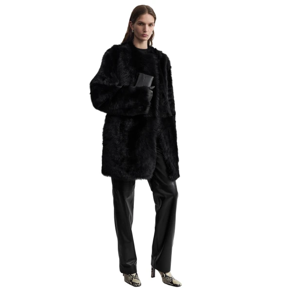 Toteme Short silky shearling coat in Black, view 3