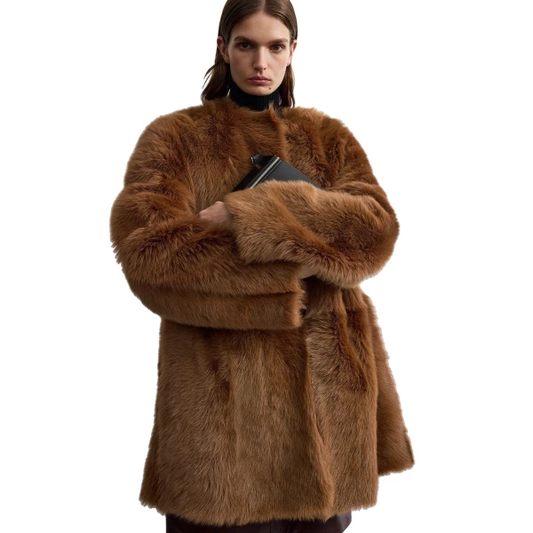 Toteme Short silky shearling coat in Ginger, view 5