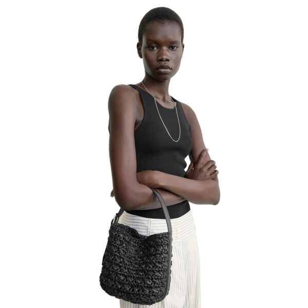 Small belted paper raffia tote in Black - Image 3