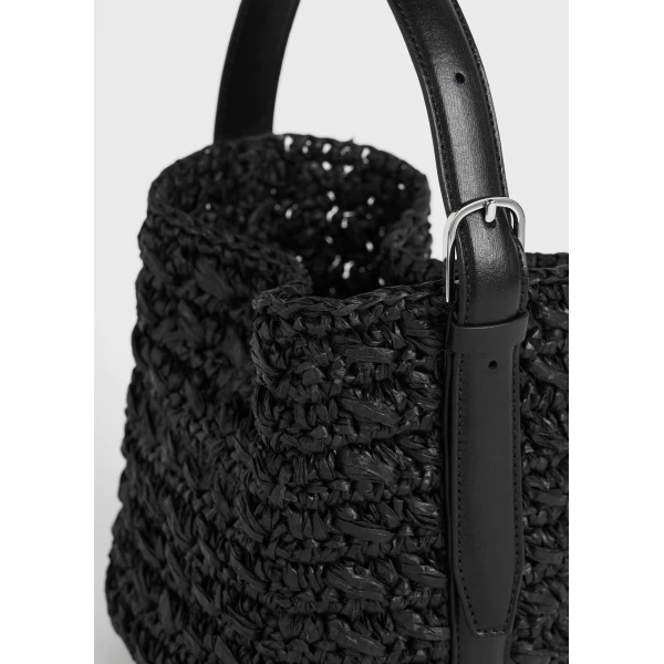 Small belted paper raffia tote in Black - Image 4