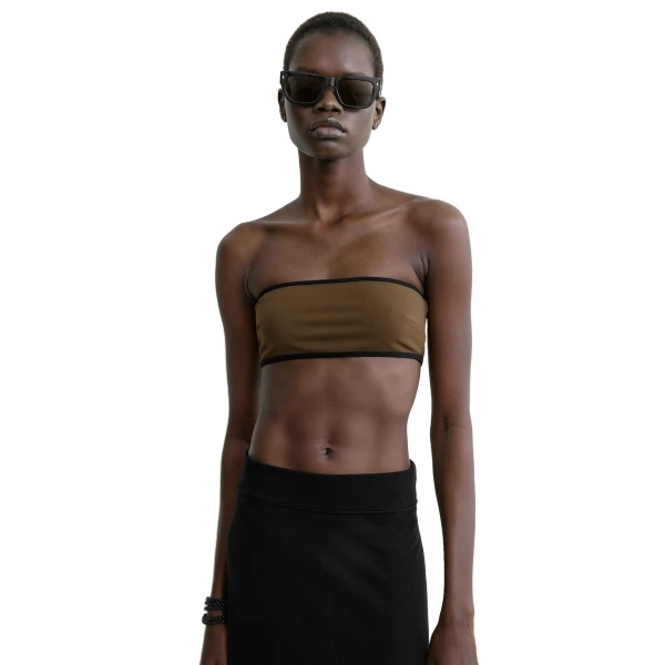 Toteme Stripe edge strapless bikini top in Walnut, view 5