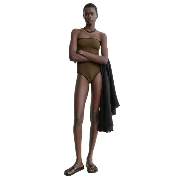 Toteme Stripe edge strapless swimsuit in Walnut, view 2