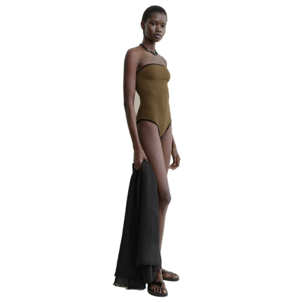 Toteme Stripe edge strapless swimsuit in Walnut, view 3
