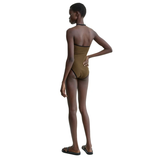 Toteme Stripe edge strapless swimsuit in Walnut, view 4
