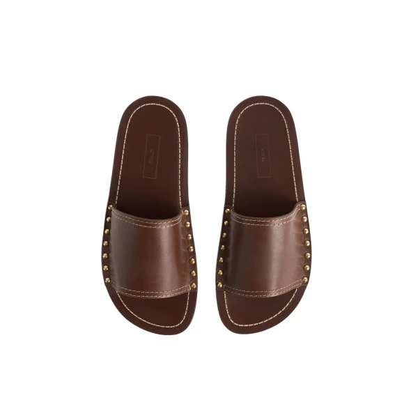 Studded leather slides in Sienna - Image 4